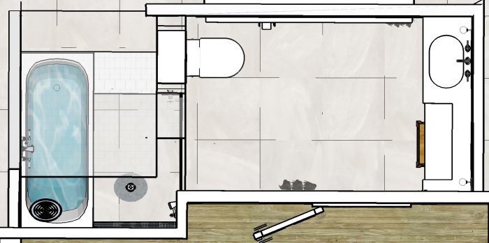 Planritning över badrumsrenovering med duschrum och separat toalett och handfat, snedtak markerat.