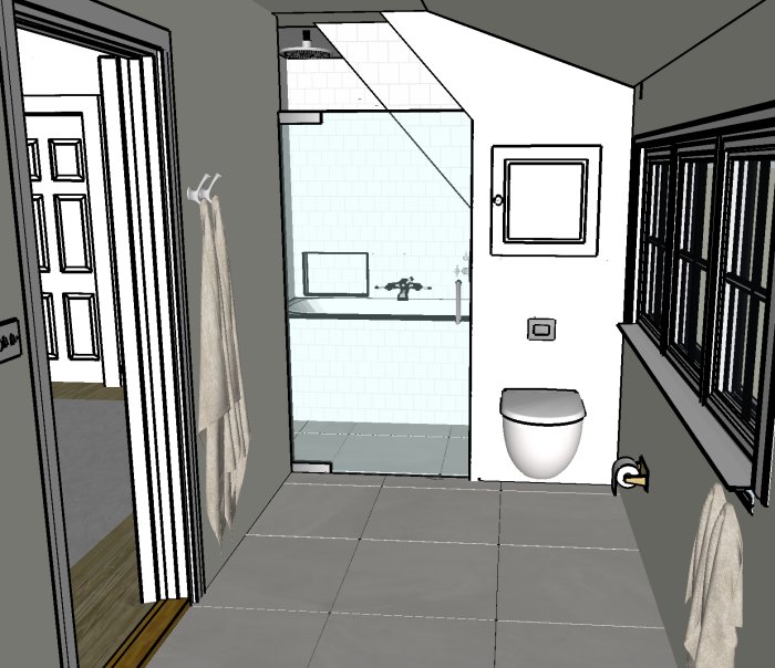 3D-skiss av ett badrum med vit toalettstol, handfat, spegel, takfönster och handdukshängare.