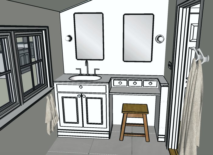 3D-ritning av ett badrum med handfat, speglar, pall och handduk hängande på dörren.