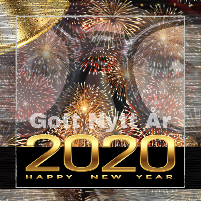 Nyårshälsning med fyrverkerier och texten "2020 Happy New Year" samt "Gott Nytt År" på en glittrande bakgrund.