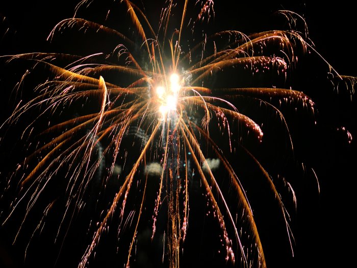 Fyrverkeriexplosion mot mörk himmel med gnistrande orange och gyllene ljusstrålar.