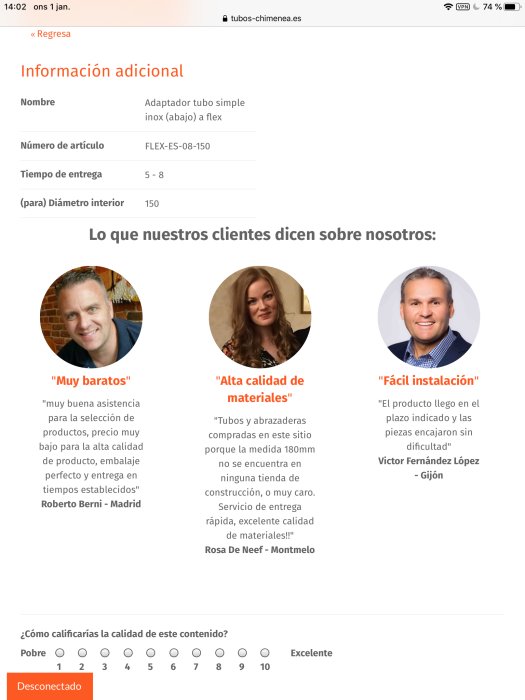 Skärmdump av kundomdömen på en webbsida med porträttbilder och citat om produkternas pris, kvalitet och installation.