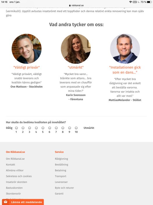 Kundomdömen med bilder och citat från nöjda kunder på en företagssida.