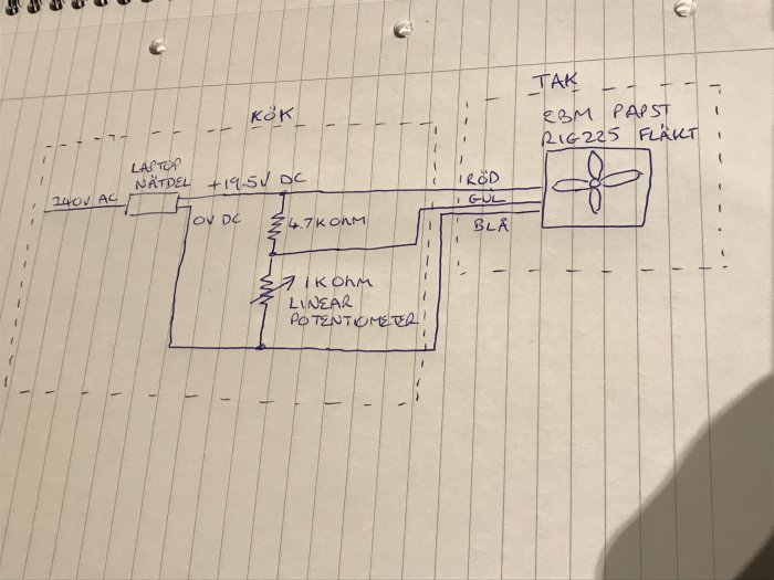 Handritat schema över fläkthastighetskontroll med potentiometer och resistorer.