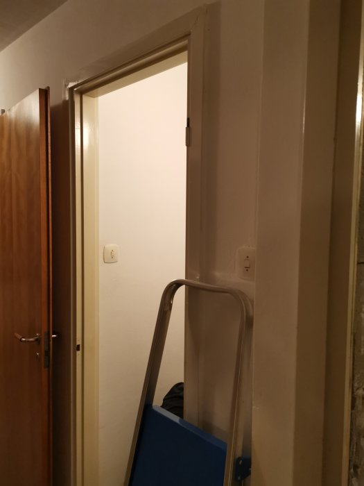 En dörröppning till ett målat rum med en obehandlad vägg och en stege i en källare.