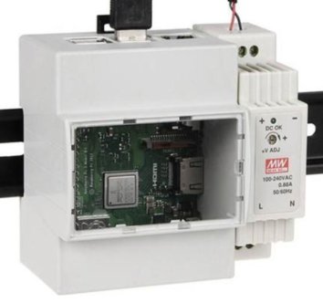 Raspberry Pi monterad på DIN-skena i elektriskt kapslingslåda.