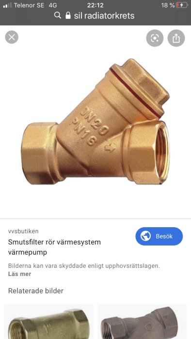 Mässingsfärgad smutsfilter för värmesystem som kan kopplas till en värmepump.