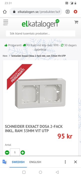 Vit 2-facks förhöjningsram för elinstallationer, Schneider Exxact, på en webbsidas produktvisning.