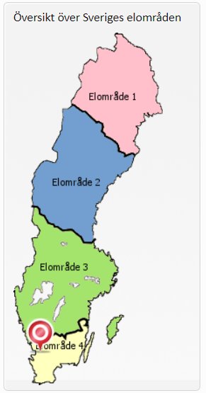 Karta över Sveriges elområden i färger med Elområde 1 i rosa, 2 i blått, 3 i grönt och 4 markerat med en röd varningsikon.