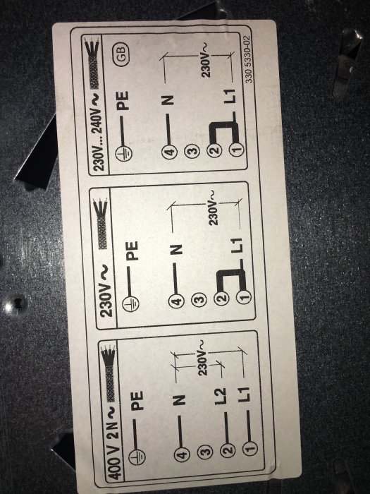 Etikett som visar anvisningar för elektrisk koppling i enlighet med en fråga om korrekt installation.