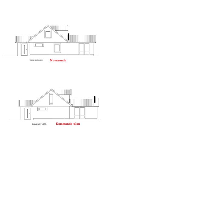 Arkitektritningar av husfasad före och efter planerad borttagning av fönster i sovrum.