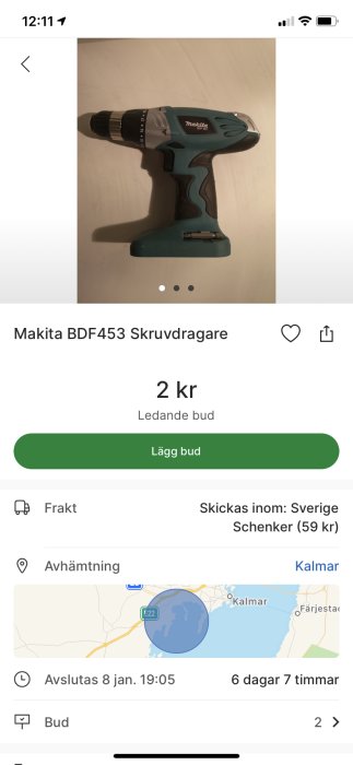 Makita BDF453 skruvdragare på en ljus bakgrund, annonserad för försäljning.