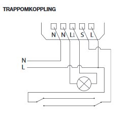 Schematisk diagram för trappkoppling visande anslutningar mellan N, L och brytare.