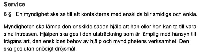 Texturklipp ur förvaltningslag om myndigheters service mot enskilda med tydlig text om hjälp och kontakter.