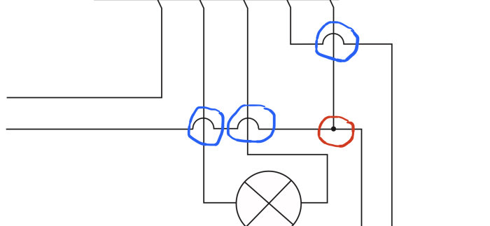 Elektrisk kopplingsschema med markeringar, två blå ringar utan kontakt och en röd med kontakt.