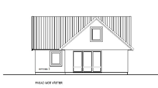 Fasadritning av hus med märkt 'sovrum 2', stora rektangulära fönster och takfönster mot väster.