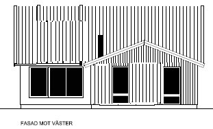 Svartvit fasadritning av ett hus med olika storlek på fönster och en märkt riktning som visar väster.