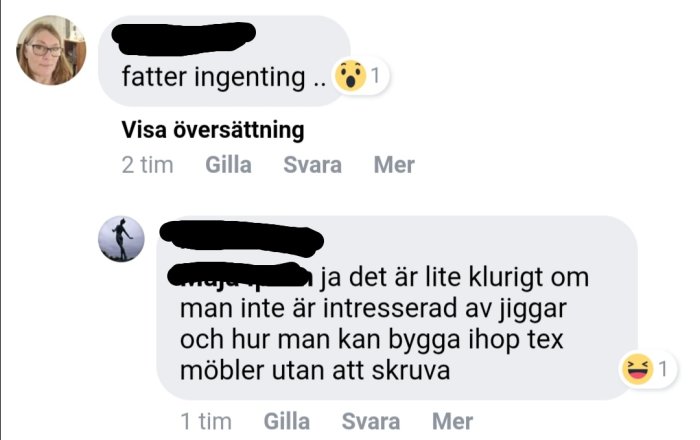 Skärmdump av Facebook-kommentarer om förvirring kring inlägg om att bygga möbler utan att skruva.