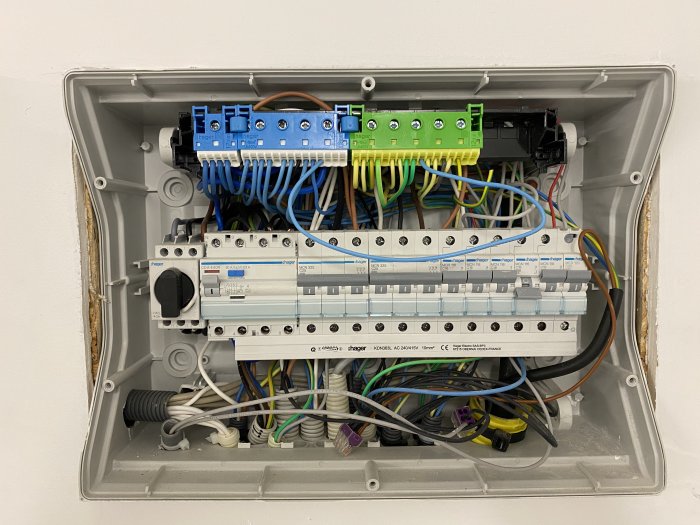 Öppen elektrisk elcentral i garage med synliga säkringar, kablar och en framhävd överbryggning mellan nolla och jord.