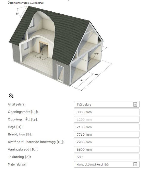 3D-modell av halvt genomskuret 1,5-planshus med mått för planerad öppning på entreplan.