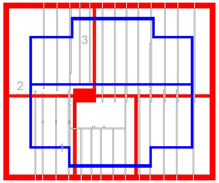 Ritning av hus med murade väggar markerade i rött för plan 1 och träregelväggar i blått för plan 2.