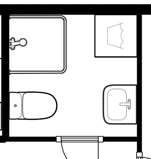 Ritning av ett badrum med toalett, handfat, tvättmaskin och dusch, samt markerat luftningsrör i hörnet.