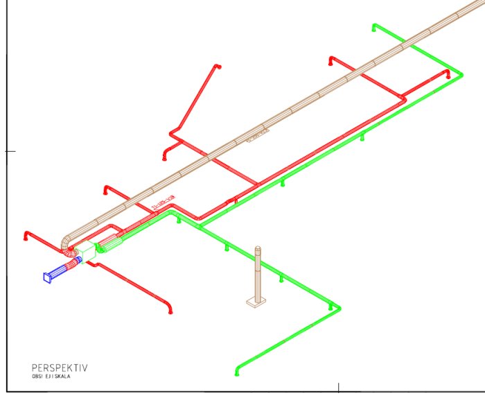 CAD-ritning av ventilationssystem med 100mm, 125mm och 160mm kanaler i olika färger, perspektivvy.