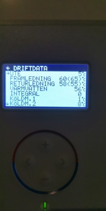 Display på en värmepump som visar driftdata: Framledning 60°C, Returledning 58°C, Varmvatten 56°C.