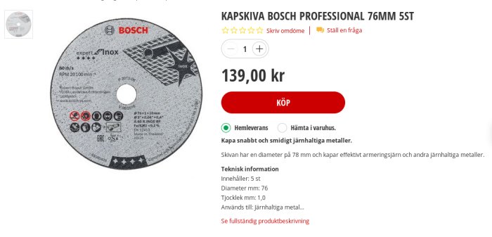 Bosch Professional kapsskiva för metall, 76 mm diameter, på en produktbeskrivningssida med pris och köpknapp.