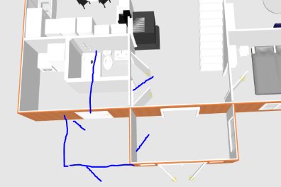 3D-modell av ett hus med förslag på byggplan med markerad ny entré och badrumsområden.