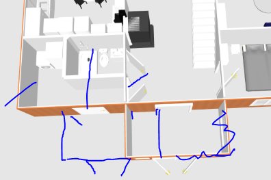 3D-skiss av badrum- och tvättstugeplanlösning med mått och möblering.