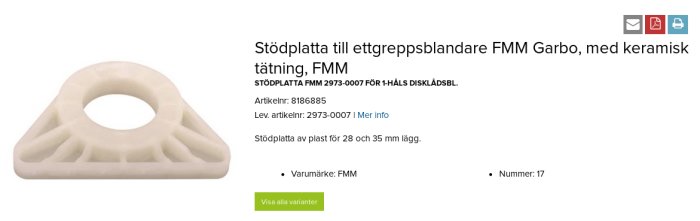 Triangulär stödplatta för etttaktsblandare, beige plast, med centralt cirkulärt hål och stödben.