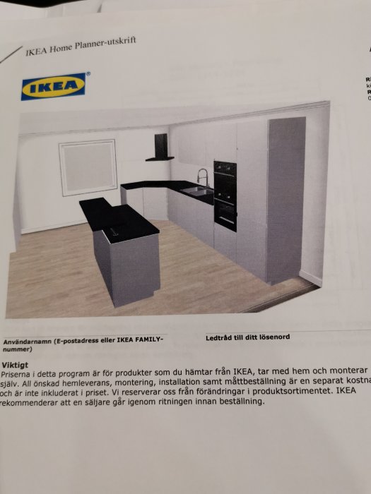 Utskrift från IKEA Home Planner med design av svartvitt kök.