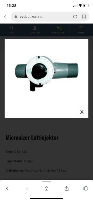 Micronizer Luftinjektor, justerbar ventil för att öka lufttillförsel i hydroforkärl, visas på webbshop-sida.