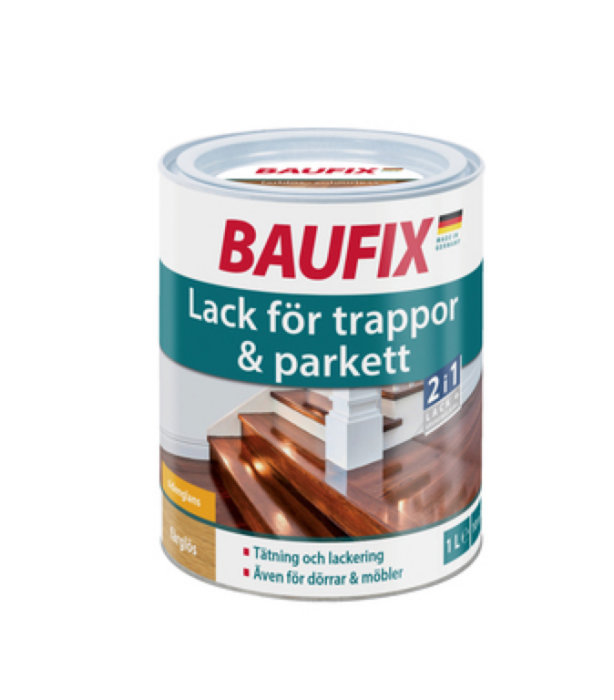 Burk med BAUFIX Lack för trappor & parkett, 2 i 1, tätning och lackering, 1 liter.