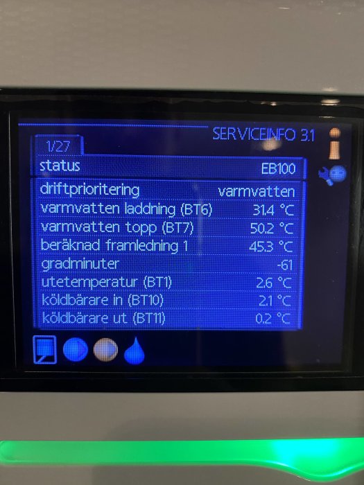 Display på en NIBE 1245 värmepump som visar driftinformation och temperaturen på varmvattnet.