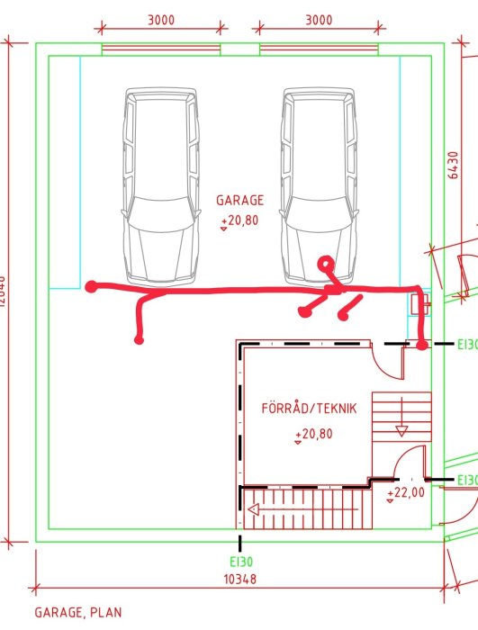 Skiss av garageplan som visar föreslagen dragning av avlopp i bjälklag med mått och bilikoner.