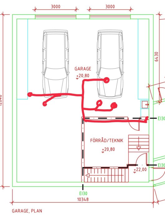 Skiss av garageplan med markerade avloppsrör som löper mellan och längs fordon och vidare till teknikrum.