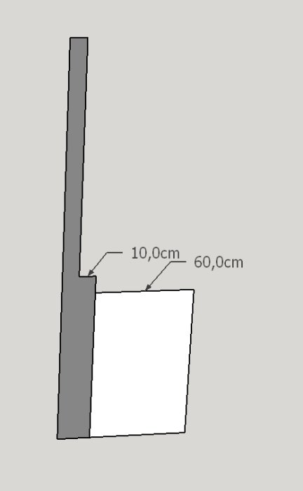 Schematisk ritning av köksbänk med mått för planerad hylla som ska byggas för extra förvaring.