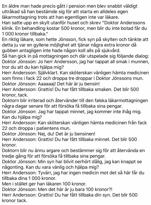 Skärmavbild av en text som berättar en humoristisk historia om en falsk läkare och en patient med förlorad smak.