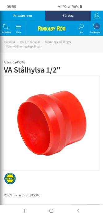 Röd VA-stålhylsa 1/2 tum för klämringskoppling visas på en webbplats för VVS-produkter.