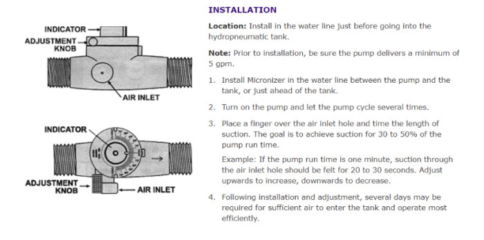 Instruktionsmanual för installation av en hydro-pneumatisk enhet med diagram och steg-för-steg-instruktioner.
