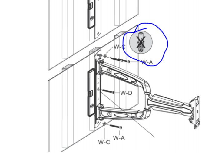 Illustration av väggmontering för TV-fäste med fokus på skruvar och träregel.