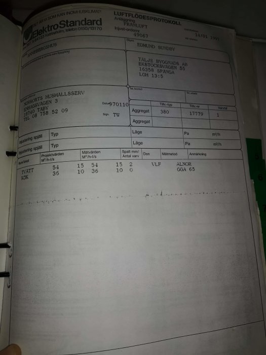 Sida ur en underhållsmanual eller protokoll för ventilation, daterad 1997, med tekniska specifikationer.