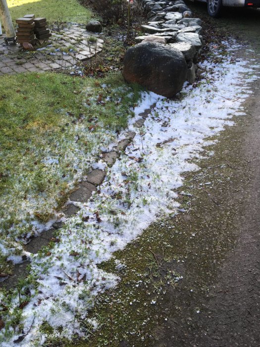 Gångstig med snöfläckar och fallna löv, omgiven av gräs och stenmur.