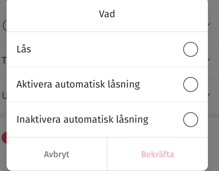 Inställningsmeny för automatisering med alternativen lås, aktivera automatisk låsning och inaktivera automatisk låsning.