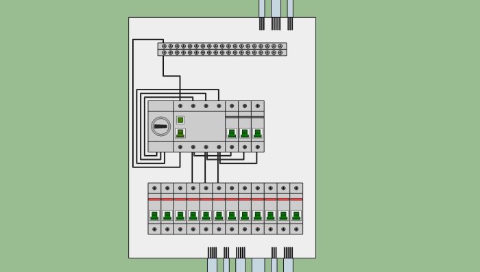 Illustration av en normcentral med två rader moduler, fem lediga platser och detaljerat kabeldragningsschema.