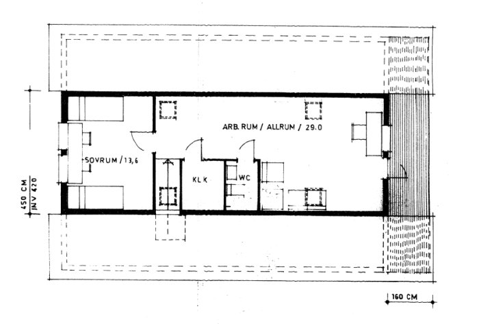 Arkitektritning av en våningsplanslayout för ett mexitegelhus, inklusive sovrum och arbetsrum.