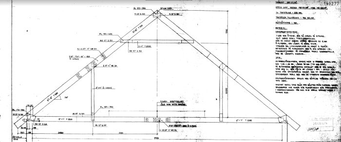 Ritning på en takkonstruktion för ett 1,5 våningshus med måttangivelser och konstruktionsdetaljer.