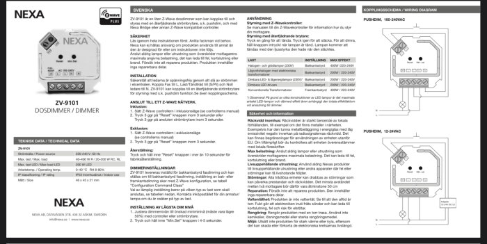 Användarmanual och kopplingsscheman för NEXA ZV-9101 dimmer, visar tekniska specifikationer och installationsguide.